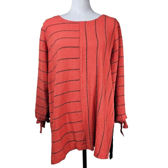 Ali Miles Orange & Black Striped Tunic L Crepe Stretch Colorblock Boho Lagenlook - Picture 1 of 9